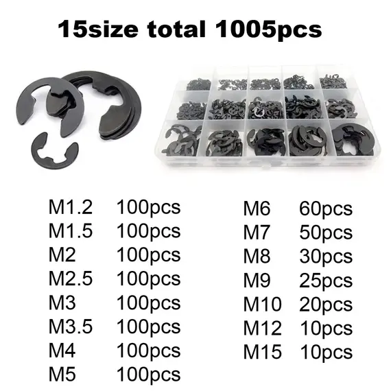 585/1005pcs E Clip Snap Circlip Washer Assortment Kit Box M1.2-M15 Black 65 Mn 304 Stainless Steel External Retaining Ring Set