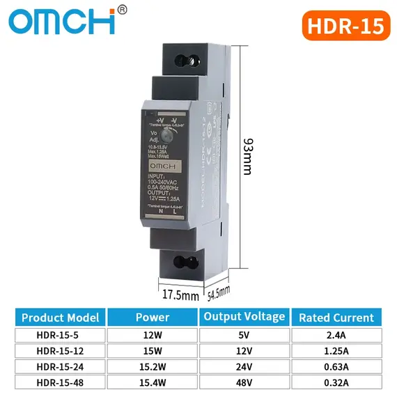 OMCH HDR Series DIN Rail Switching Power Supply HDR-15 100-240VAC 15W 30W 60W 100W  AC to DC Voltage 5V 12V 24V 48V 0-7.1A SMPS
