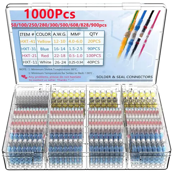 50-1000pcs Heat Shrink Solder Seal Wire Connectors Kit Waterproof Butt Electrical Terminals Insulated Splice Marine Automotive
