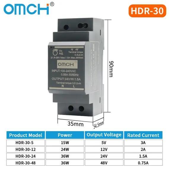 OMCH HDR Series DIN Rail Switching Power Supply HDR-15 100-240VAC 15W 30W 60W 100W  AC to DC Voltage 5V 12V 24V 48V 0-7.1A SMPS