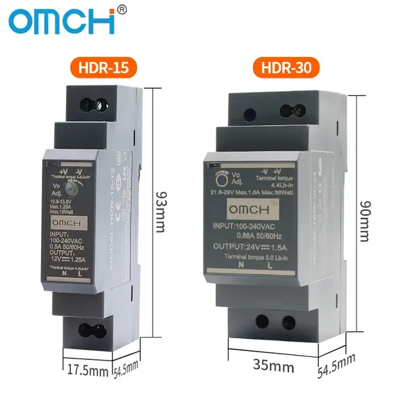 OMCH HDR Series DIN Rail Switching Power Supply HDR-15 100-240VAC 15W 30W 60W 100W  AC to DC Voltage 5V 12V 24V 48V 0-7.1A SMPS