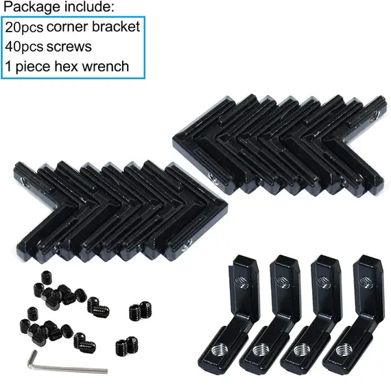 20pcs  Black 2020 Series L-Shape Interior Inside Corner Connector Joint Bracket with Screws for 20x20 Series Aluminum Extrusion