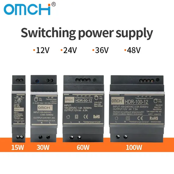 OMCH HDR Series DIN Rail Switching Power Supply HDR-15 100-240VAC 15W 30W 60W 100W  AC to DC Voltage 5V 12V 24V 48V 0-7.1A SMPS