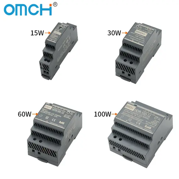 OMCH HDR Series DIN Rail Switching Power Supply HDR-15 100-240VAC 15W 30W 60W 100W  AC to DC Voltage 5V 12V 24V 48V 0-7.1A SMPS