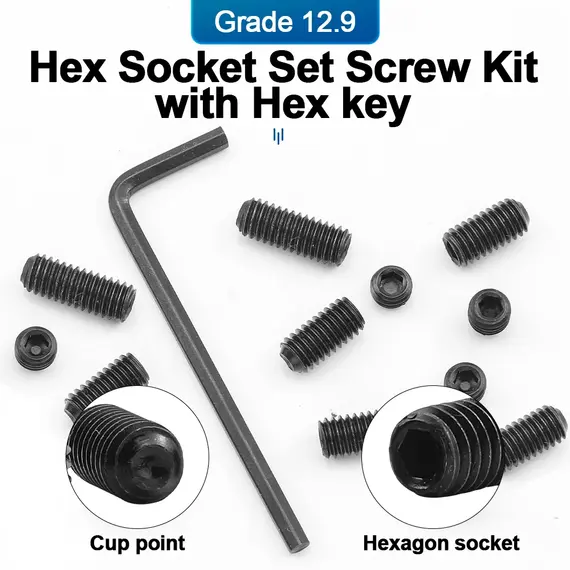 NINDEJIN Hex Socket Cup Point Set Screw M2 M2.5 M3 M4 M5 M6 M8 12.9 Carbon Steel Headless Allen Head Grub Screw Assortment Kit