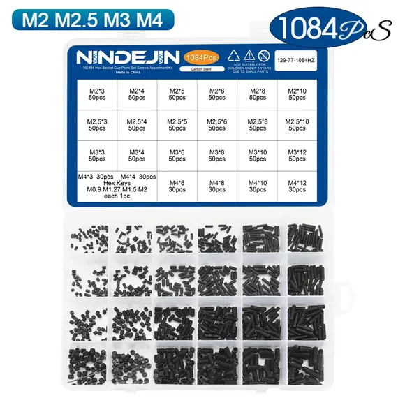 NINDEJIN Hex Socket Cup Point Set Screw M2 M2.5 M3 M4 M5 M6 M8 12.9 Carbon Steel Headless Allen Head Grub Screw Assortment Kit