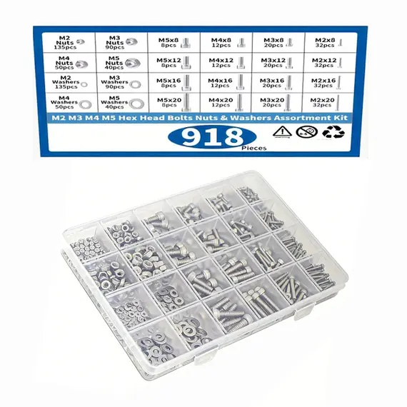 918pcs Nuts And Bolts Assortment Kit - M2, M3, M4, M5 Hex Head 304 Stainless Steel Bolts, Nuts, Flat Washers, And More