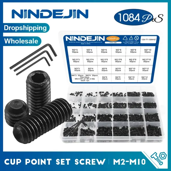 NINDEJIN Hex Socket Cup Point Set Screw M2 M2.5 M3 M4 M5 M6 M8 12.9 Carbon Steel Headless Allen Head Grub Screw Assortment Kit