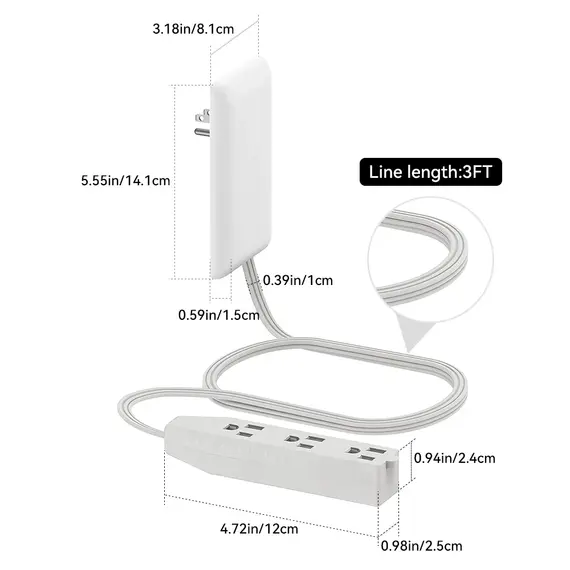 Flat-Face Outlet Extender with 3 Receptacles, Ultra-Thin Wall Plate Plug with Cord Extender and 3-Outlet Power Strip,1650W，125V