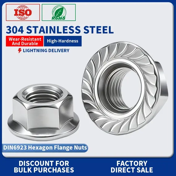 DIN6923 Hexagon Flange Nuts 304 Stainless Steel A2-70 Hex Flange Nut Metric M2.5 M3 M4 M5 M6 M8 M10 M12 M14 M16 M20