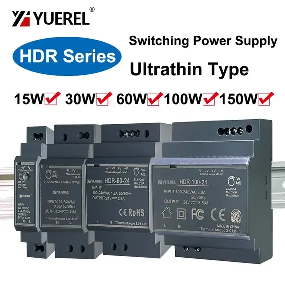 Ultrathin Switching Power Supply HDR 15W 30W 60W 100W 150W 12V 24V Rail Type Transformer