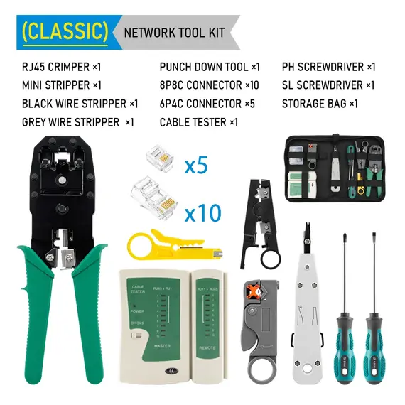 RJ45 Crimper Lan Tester Tool Set Ethernet Cable Stripper Punch Down Tool RJ45 RJ11 Connectors 12 in 1 Cabling Repair Set