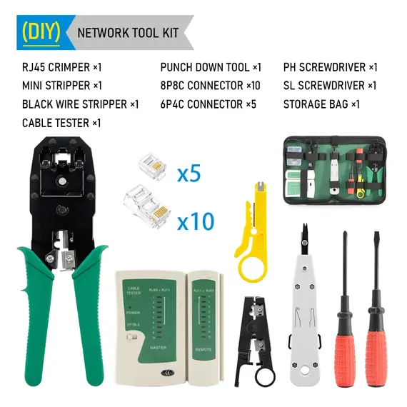 RJ45 Crimper Lan Tester Tool Set Ethernet Cable Stripper Punch Down Tool RJ45 RJ11 Connectors 12 in 1 Cabling Repair Set