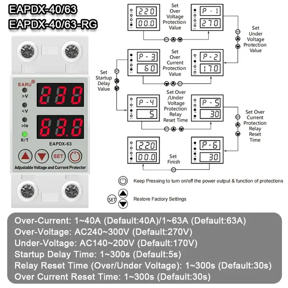 EARU Dual Display 40A 63A Adjustable Power Over Under Current Voltage Protector Relay Switch Meter Voltmeter Automatic Reclosing