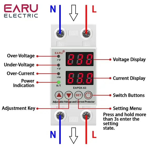 EARU Dual Display 40A 63A Adjustable Power Over Under Current Voltage Protector Relay Switch Meter Voltmeter Automatic Reclosing
