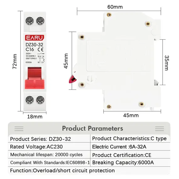 EARU DZ30-32 DPN 1P+N Mini Circuit Breaker MCB 6A 10A 16A 20A 25A 32A Din Rail Mounted Cutout Miniature Household Air Switch OEM