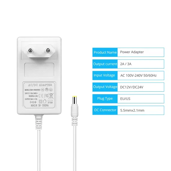 5.5mm x 2.1mm Universal Switch Power Supply LED Driver 100-240V AC to 12V 24V Converter Power Adapter 2A 3A Charger