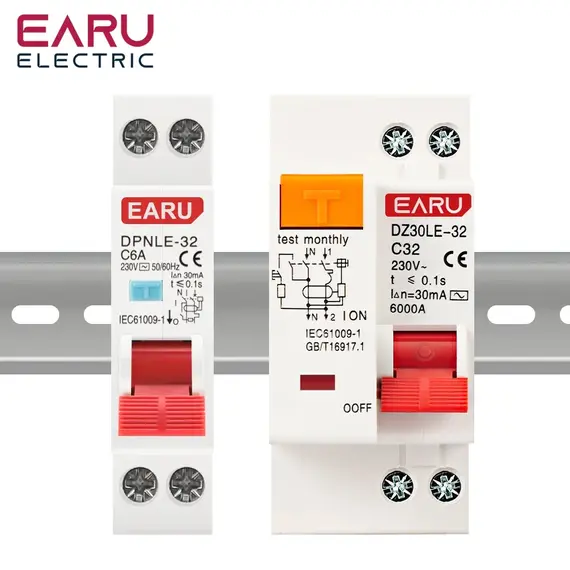 EARU 18MM 36MM RCBO 1P+N 230V 6/10/16/25/32/40/50/63A Residual Current Circuit Breaker Over and Short Current Leakage Protection