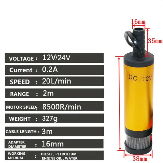 Mini Submersible Diesel Fuel Transfer Water Oil Suction Pump 51MM Aluminum Alloy DC 12V 24V 30L/Min 25W Car Cigarette Lighter