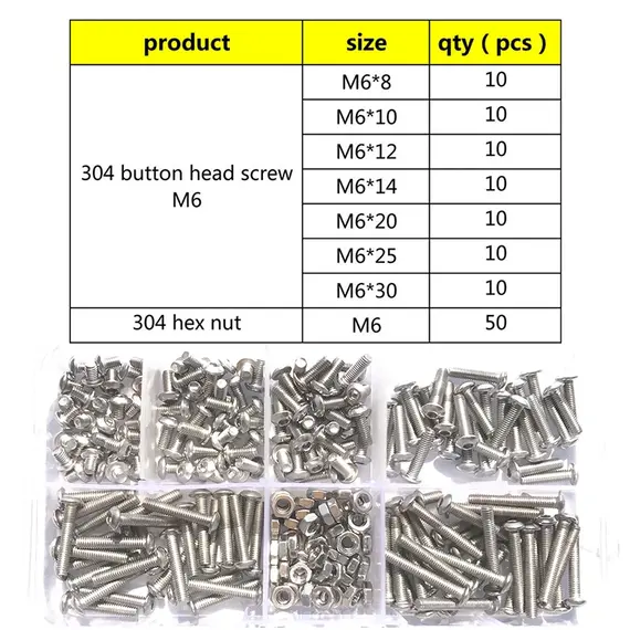 120-434Pcs 304 Stainless Steel Hex Button Socket Head Cap Screw Hexagon Thread Machine Metric Nut Bolt Assortment Kit Set M2~M6