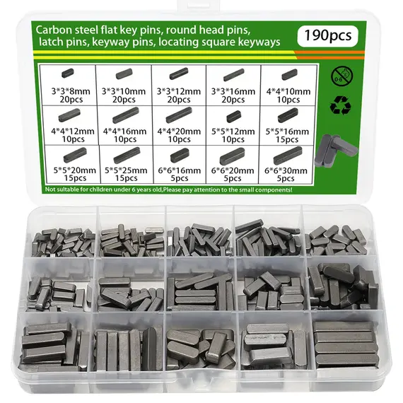 190pcs Carbon Steel Type A Flat Key, Parallel Pin, Square Pin, Cross Pin, Finished Flat Key Pin, Double Round Key Bar Pin.