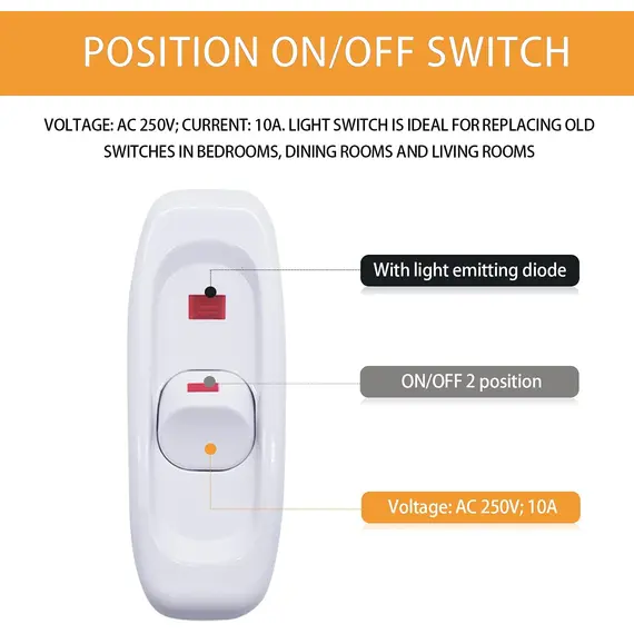 Appliance Inline Cord Switch Black/white AC 250V 10A Heavy Duty Thru Switch On Off Lamp Bulb Wall Line Control Switch
