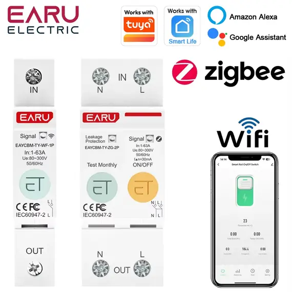 EARU Tuya WiFi ZigBee MCB Smart Circuit Breaker 63A Switch Energy Meter Timer Relay KWh Voltage Current Protector Remote Control