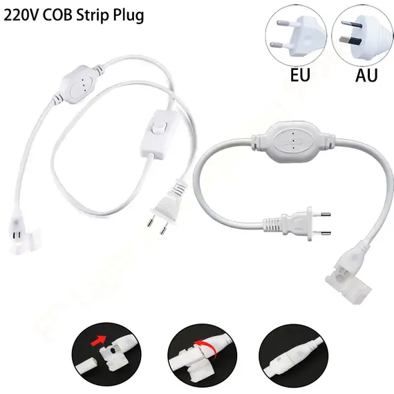 AU/EU Power Plug for 220V 288 LEDs/m COB LED Strip Connector Supply Plug with ON/OFF Button Switch Cable Light Accessories Plug
