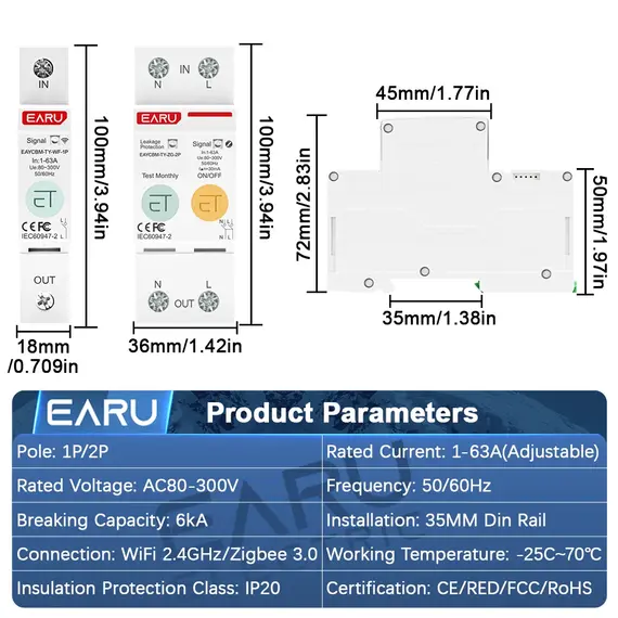 EARU Tuya WiFi ZigBee MCB Smart Circuit Breaker 63A Switch Energy Meter Timer Relay KWh Voltage Current Protector Remote Control