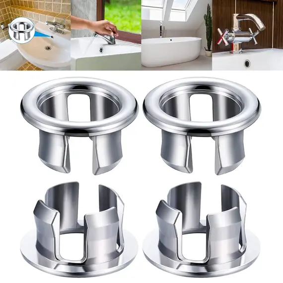 4PCS ABS Plastic Bathroom Kitchen Basin Sink Overflow Cover Ring Insert Replacement Chrome Hole Round Drain Cap Basin Accessory