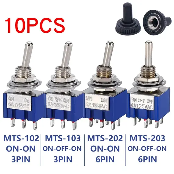 10pcs MTS-102 103 MTS-202 203 Toggle Switch 6A 125VAC On SPDT 6mm Mini Switch DPDT Off Waterproof Cap