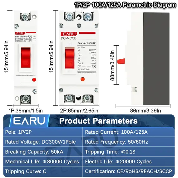 EARU 1P 2P DC Solar Molded Case Circuit Breaker MCCB Overload Protection Switch Protector Solar Photovoltaic PV Battery Isolator