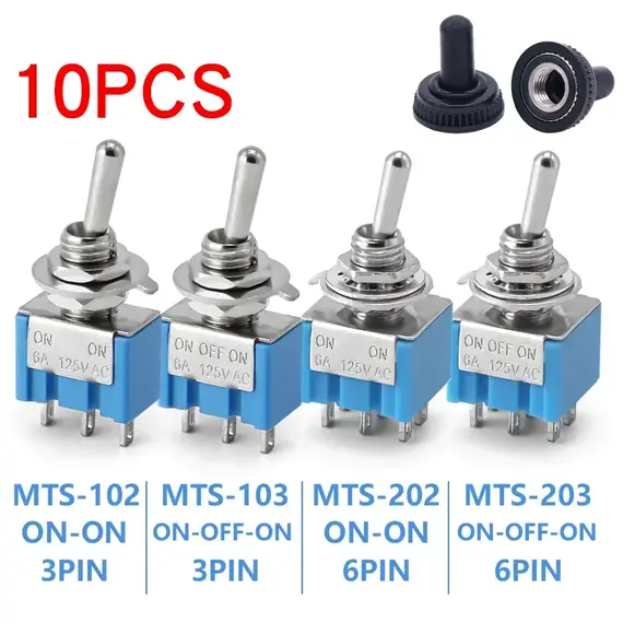 10pcs MTS-102 103 MTS-202 203 Toggle Switch 6A 125VAC On SPDT 6mm Mini Switch DPDT Off Waterproof Cap