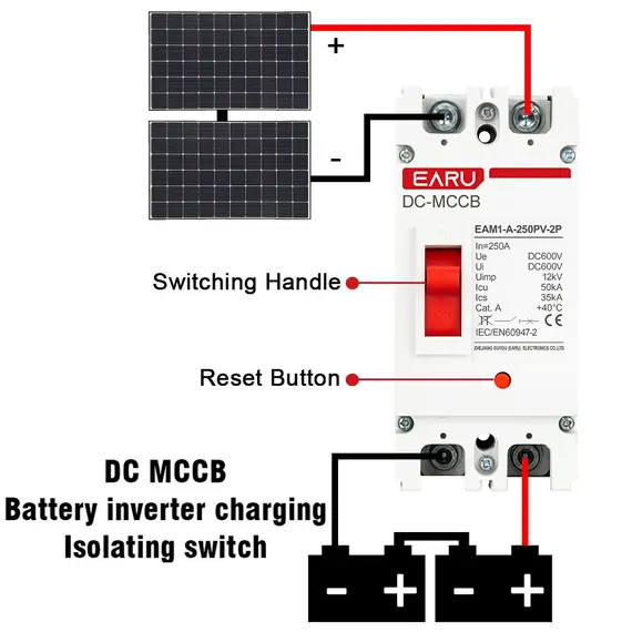 EARU 1P 2P DC Solar Molded Case Circuit Breaker MCCB Overload Protection Switch Protector Solar Photovoltaic PV Battery Isolator