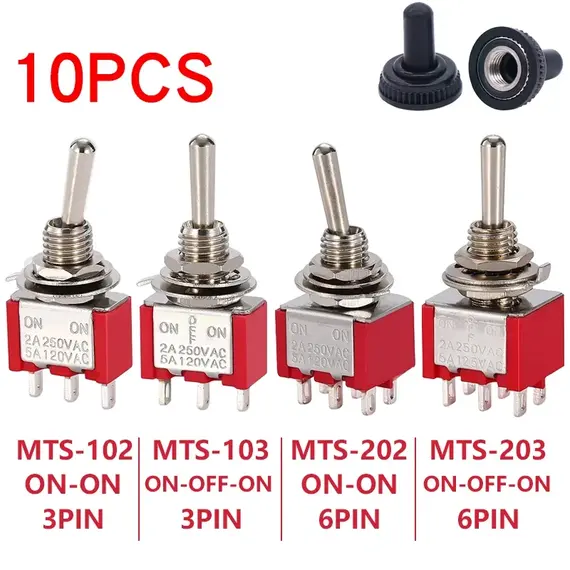 10pcs MTS-102 103 MTS-202 203 Toggle Switch 6A 125VAC On SPDT 6mm Mini Switch DPDT Off Waterproof Cap
