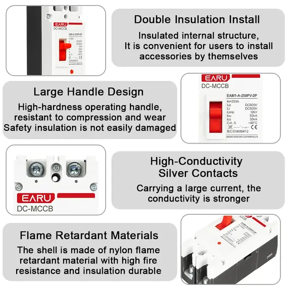 EARU 1P 2P DC Solar Molded Case Circuit Breaker MCCB Overload Protection Switch Protector Solar Photovoltaic PV Battery Isolator