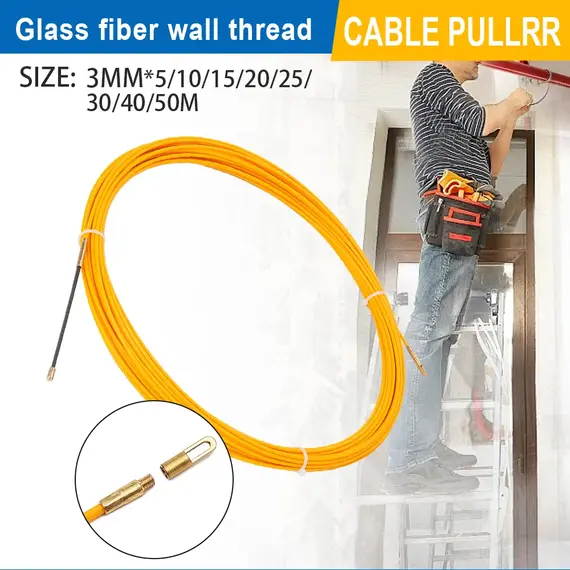 3MM 5M-50M Fiberglass Cable Puller Stainless Steel Yellow Household Wall Wire Guide Rail Fiberglass Electrician Push Tape Drawer