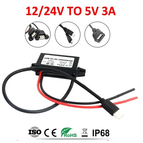 12V 24V to 5V 3A 15W Regulator Power Supply Buck Module Dual USB Type-C Micro USB Output Power Adapter DC-DC Converter for Car