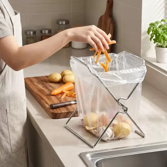 Collapsible Stainless Steel Garbage Bag Holder, Kitchen Countertop Trash Bag Support Rack, Portable Storage Organizer Stand