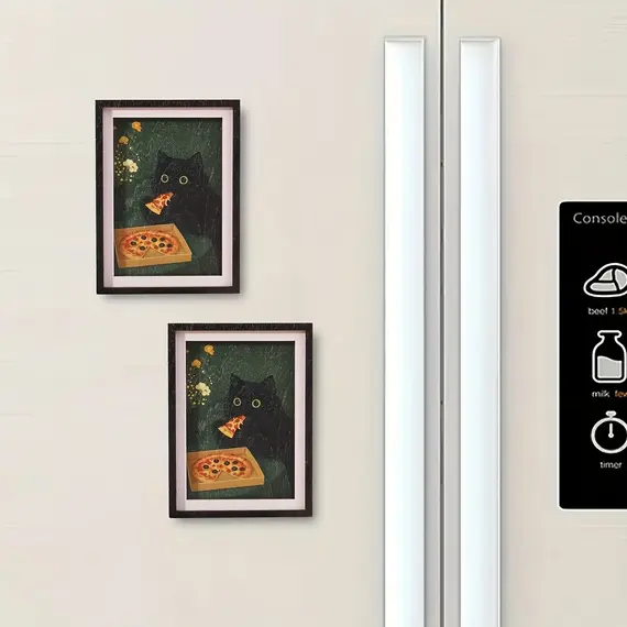Exquisite Mini 3-Layer Photo Frame Fridge Magnet, Black Cat & Pizza Pattern, Fun Home Decor, Unique Exquisite Holiday Gift