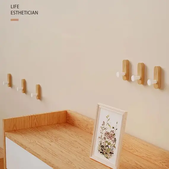 Self Adhesive Mounted Walnut Wood Wall Hooks for Hanging Coat Towel Clothes Blanket Hat Backpack Robe Entryway Key Holder