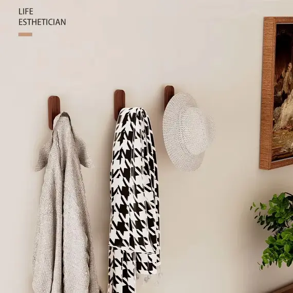 Self Adhesive Mounted Walnut Wood Wall Hooks for Hanging Coat Towel Clothes Blanket Hat Backpack Robe Entryway Key Holder