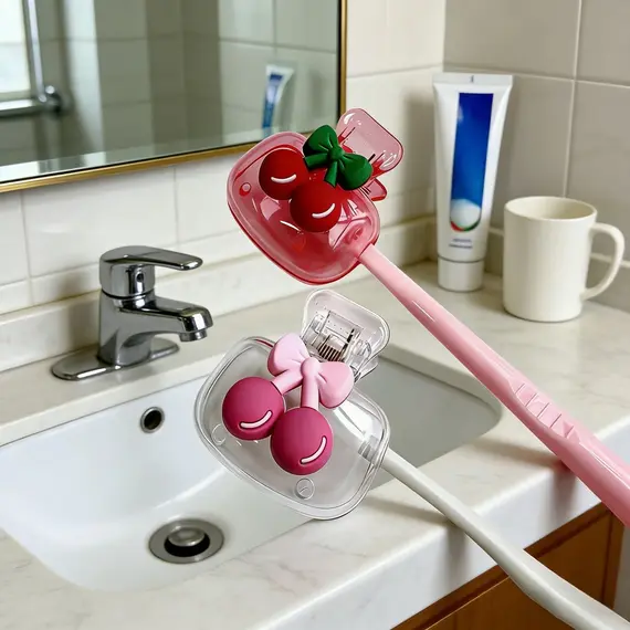 Cute Cherry Design Toothbrush Holder, Cherry Pattern, Protects Toothbrush Head, Features Dual Holes for Drainage and Ventilation