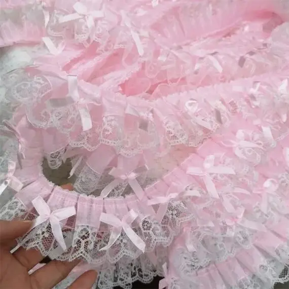 1 Yard Pink Bow Embroidery Lace Fabric Trim DIY Clothing Decoration Accessory 5CM Wide