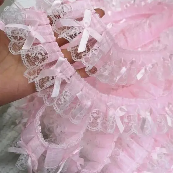 1 Yard Pink Bow Embroidery Lace Fabric Trim DIY Clothing Decoration Accessory 5CM Wide