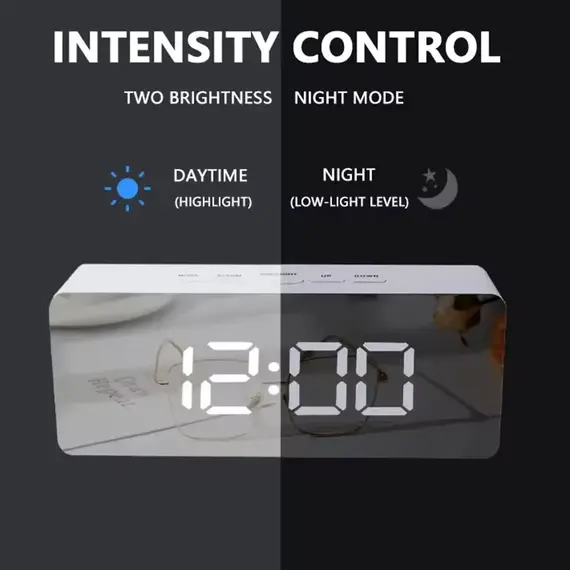 Mirror LED Digital Alarm Clock with Temperature Display and Smart Night Light for Bedroom, Makeup Vanity and Office Use
