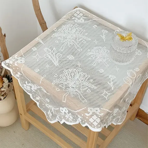 New French Tulip Bouquet Lace Tablecloth, Coffee Table, Bedside Table Cover, Plain White Three-Dimensional Table Runner