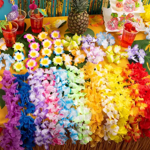 24/120pcs Hawaiian Artificial Flower Wreath Necklace Hawaii Theme Party Garland Summer Beach Wedding Birthday Party Decor