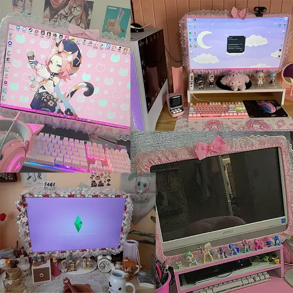 Lace Fabric Computer Frame Cover Monitor Screen Dust Cover With Elastic Pen Pocket Bow Home Decorations