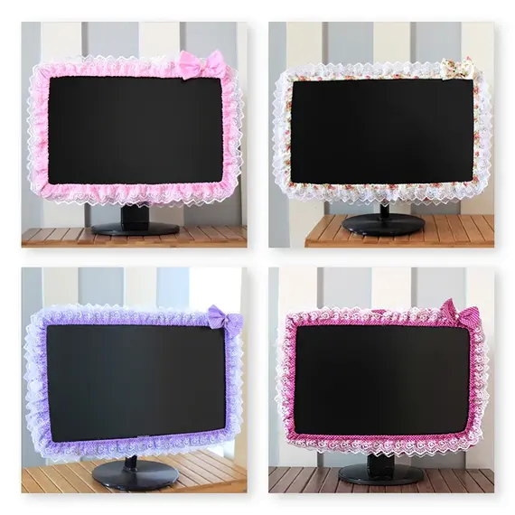 Lace Fabric Computer Frame Cover Monitor Screen Dust Cover With Elastic Pen Pocket Bow Home Decorations